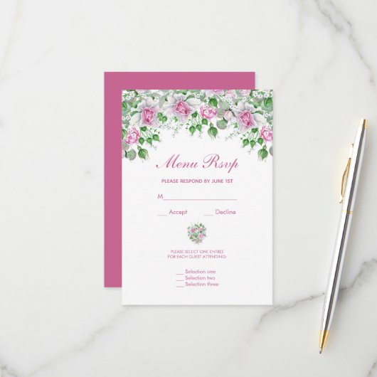 ピンクのロマンチックなローズの結婚式メニュー RSVP (正面/裏面インサイチュ)
