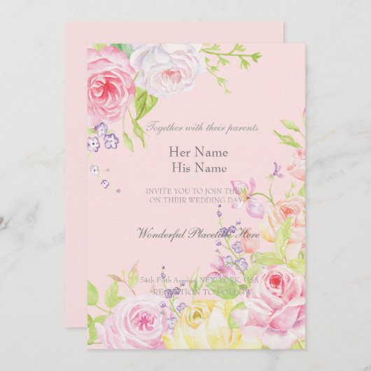 ピンクのロマンチックな水の色のバラ結婚ズ 招待状 (正面/裏面)