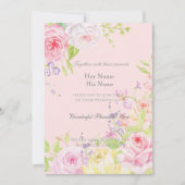 ピンクのロマンチックな水彩画のバラのウェディング 招待状 (正面)