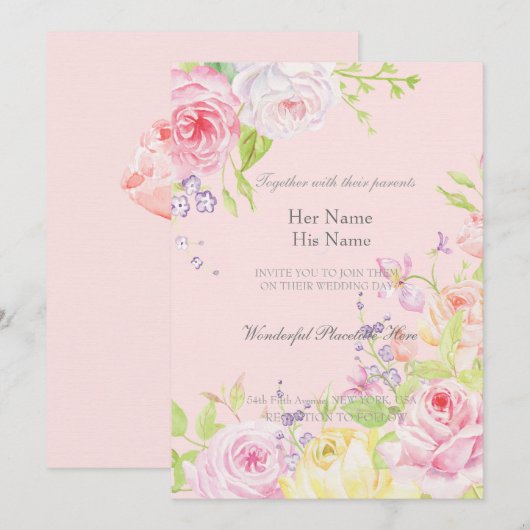 ピンクのロマンチックな水彩画のバラのウェディング 招待状 (正面/裏面)