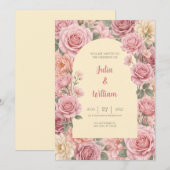 ピンクのロマンティックフラワーの結婚式招待状 招待状 (正面/裏面)