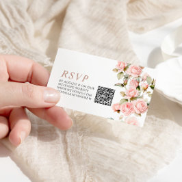 ピンクのローズとグリーン葉リーの結婚QRコードRSVP エンクロージャーカード