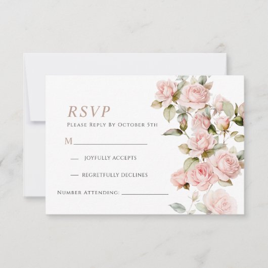 ピンクのローズと緑葉の結婚の応答カード 出欠カード (正面)