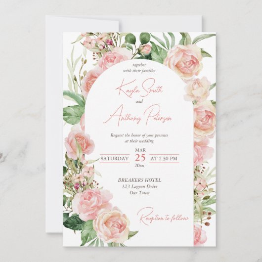 ピンクのローズアーチ赤面ピンクのフローラ結婚式の招待 招待状 (正面)