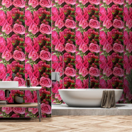 ピンクのローズイメージプリントウォールアクセントトリートメント 壁紙