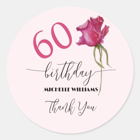 ピンクのローズウォーターカラーアートカリグラフィー誕生日 ラウンドシール (正面)