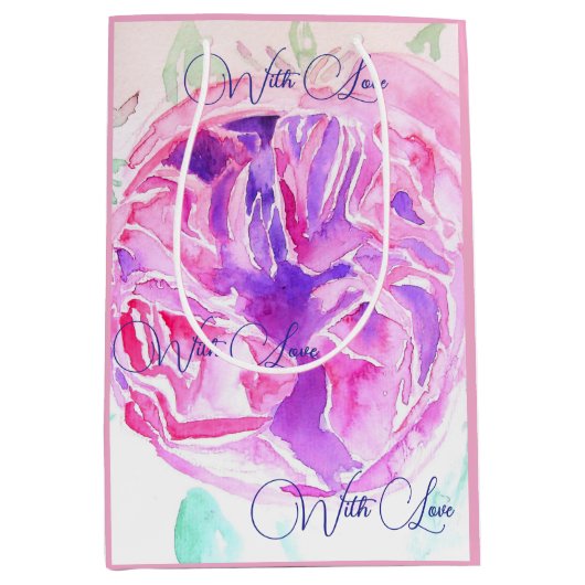 ピンクのローズウォーター色薄紫バラ花フローラ ミディアムペーパーバッグ (正面)