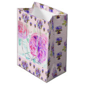 ピンクのローズウォーター色薄紫バラ花フローラ ミディアムペーパーバッグ (正面アングル)