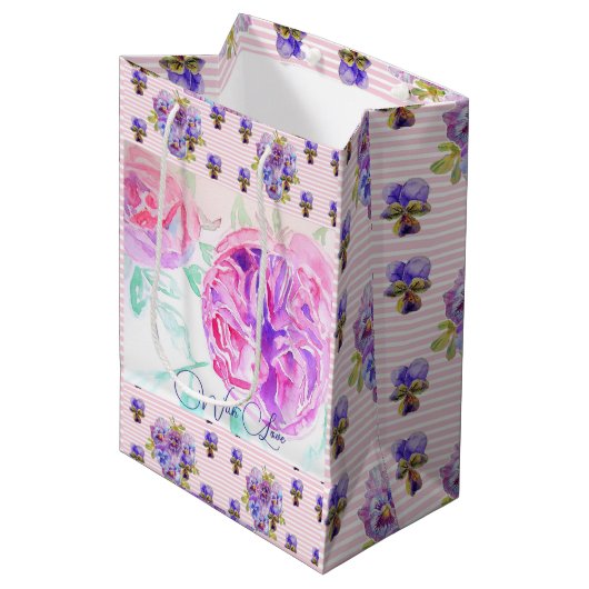 ピンクのローズウォーター色薄紫バラ花フローラ ミディアムペーパーバッグ (正面アングル)