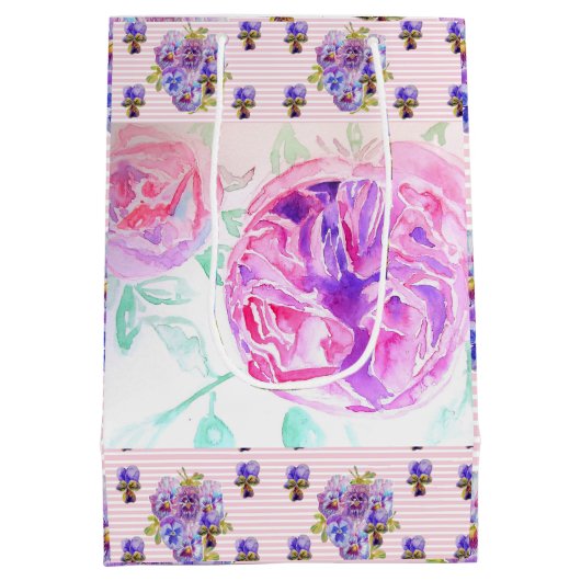 ピンクのローズウォーター色薄紫バラ花フローラ ミディアムペーパーバッグ (裏面)