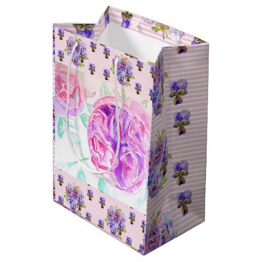 ピンクのローズウォーター色薄紫バラ花フローラ ミディアムペーパーバッグ (裏面アングル)