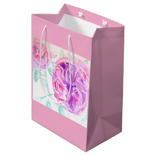 ピンクのローズウォーター色薄紫バラ花フローラ ミディアムペーパーバッグ (裏面アングル)