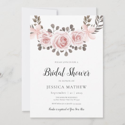ピンクのローズエレガントブライダルシャワー招待 招待状 (正面)