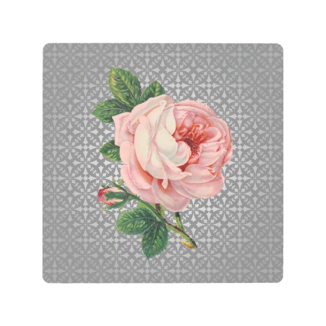 ピンクのローズオングレーパターンヴィンテージ メタルプリント (正面)