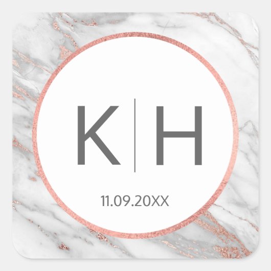 ピンクのローズゴールドフォイル大理石結婚のモノグラムシール スクエアシール (正面)