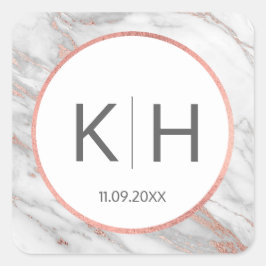 ピンクのローズゴールドフォイル大理石結婚のモノグラムシール スクエアシール