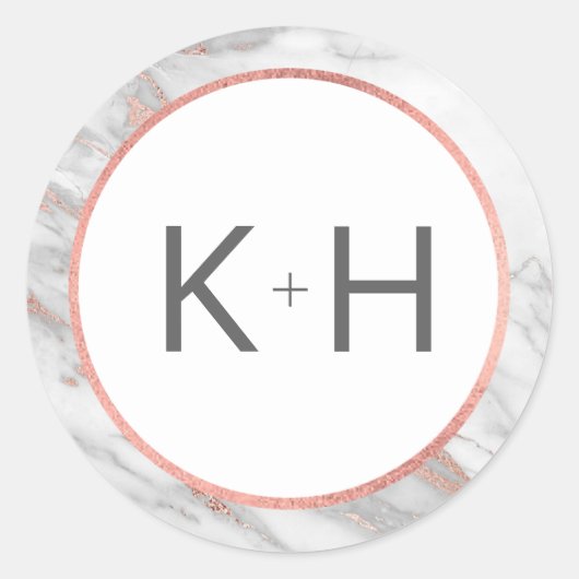 ピンクのローズゴールドフォイル大理石結婚のモノグラムシール ラウンドシール (正面)