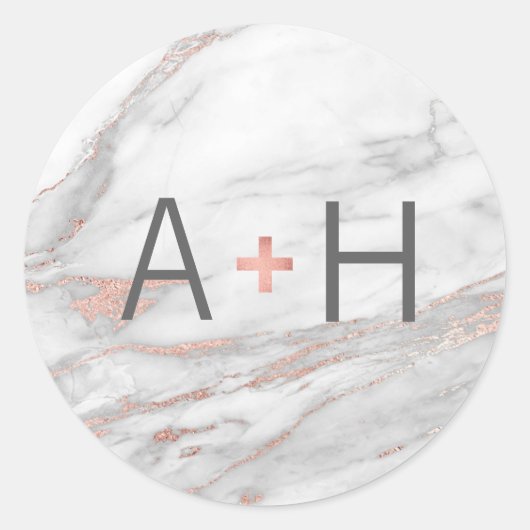 ピンクのローズゴールドフォイル大理石結婚のモノグラムシール ラウンドシール (正面)