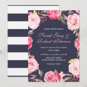 ピンクのローズストライプと花のウェディング招待状 招待状 (正面/裏面)