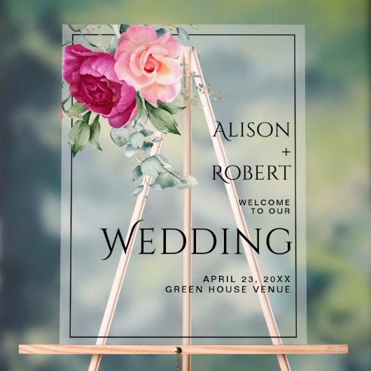 ピンクのローズトランスルーセントウェルカム結婚の枝 アクリルサイン (ニュートラル)