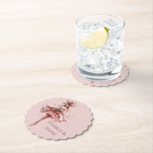 ピンクのローズドレスのスパークルガール金ゴールド ペーパーコースター (インサイチュ)