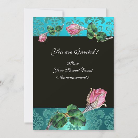 ピンクのローズバッドダイヤモンドジュエリー、青いダマスクのイニシャル 招待状 (裏面)