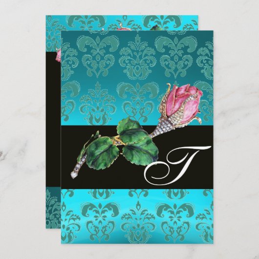 ピンクのローズバッドダイヤモンドジュエリー、青いダマスクのイニシャル 招待状 (正面/裏面)