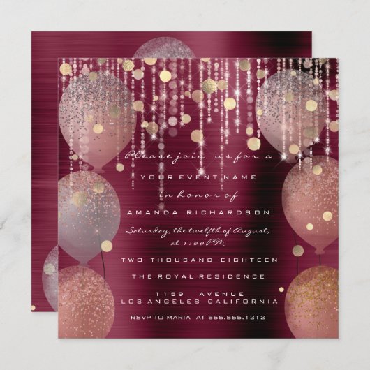 ピンクのローズバルーン スウィート16 ブライダル ボルドー マルサラ 招待状 (正面/裏面)