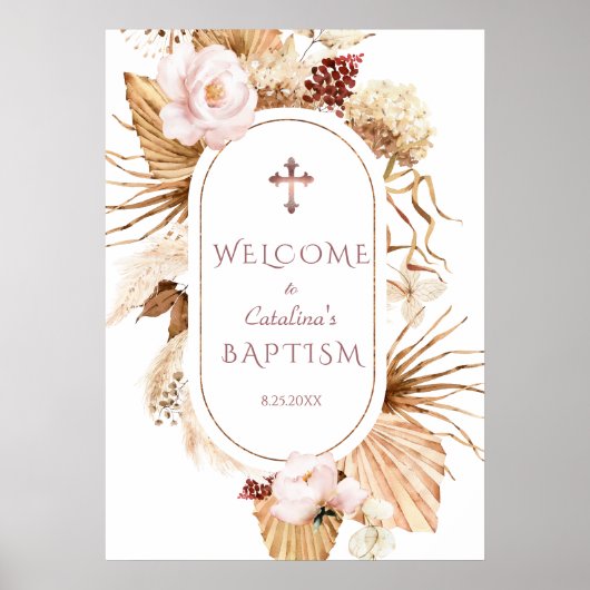 ピンクのローズパンパスグラスパームのバプテスバプテスウェルカムサイン ポスター (正面)