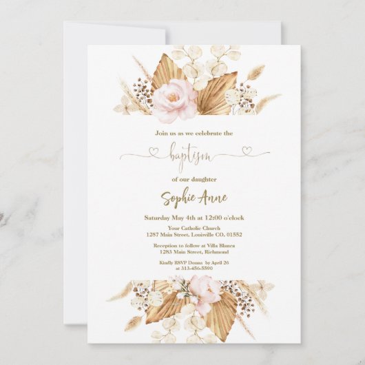 ピンクのローズパンパスグラスパーム書道バプテスマ 招待状 (正面)