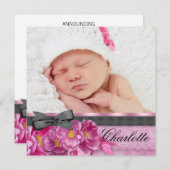 ピンクのローズピンクの黒い写真誕生のお知らせ 案内状 (正面/裏面)