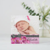 ピンクのローズピンクの黒い写真誕生のお知らせ 案内状 (スタンド正面)