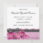 ピンクのローズピンクの黒い写真誕生のお知らせ 案内状 (裏面)