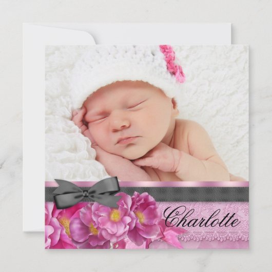 ピンクのローズピンクの黒い写真誕生のお知らせ 案内状 (正面)