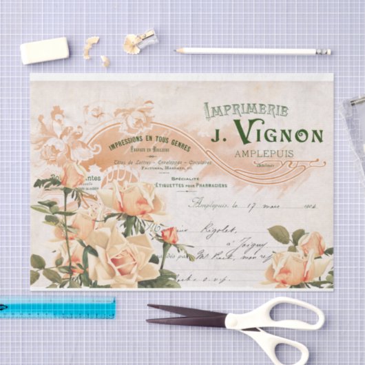 ピンクのローズフランスのスクリプトヴィンテージ請求書の切り離し 薄葉紙 (クラフト)