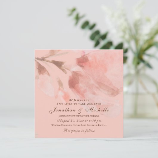 ピンクのローズフローラ水の色クリスチャン結婚ズ 招待状 (スタンド正面)