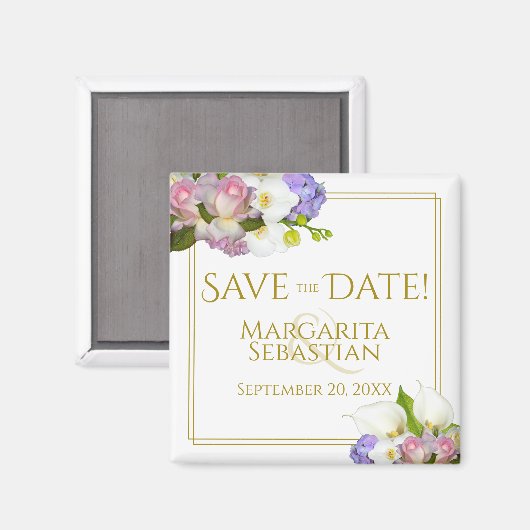 ピンクのローズブズ&カラリリーの結婚式の日付を保存 マグネット (正面/裏面)