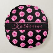 ピンクのローズブラックパーソナライズされた ラウンドクッション (正面)