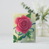 ピンクのローズブルーリボン日付はがきを保存 ポストカード (スタンド正面)