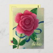 ピンクのローズブルーリボン日付はがきを保存 ポストカード (正面/裏面)