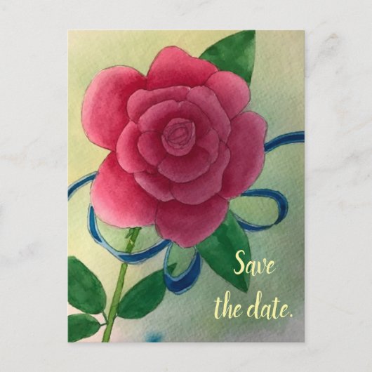 ピンクのローズブルーリボン日付はがきを保存 ポストカード (正面)