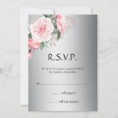 ピンクのローズブーケとシルバーのエレガンス ウェディング RSVP 招待状 (正面)
