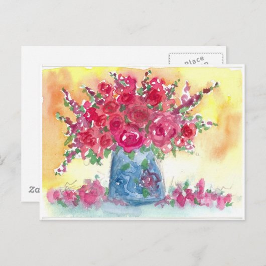 ピンクのローズブーケのウォーター絵を描カラー ポストカード