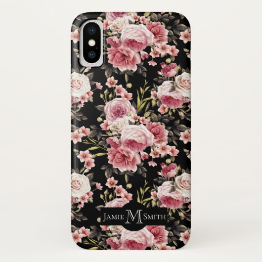 ピンクのローズプロフュージョンモノグラム – 黒の背景 Case-Mate iPhoneケース (裏面)