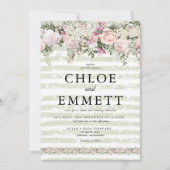 ピンクのローズホワイトアジサイストライプのグリ結婚ーズ 招待状 (正面)