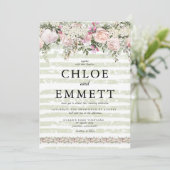 ピンクのローズホワイトアジサイストライプのグリ結婚ーズ 招待状 (スタンド正面)