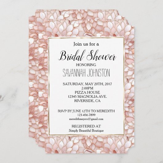 ピンクのローズホワイト花びら花 招待状 (正面/裏面)