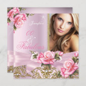 ピンクのローズボウ写真の素晴らしい誕生日パーティー 招待状 (正面/裏面)