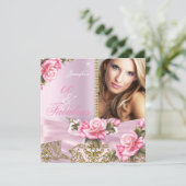 ピンクのローズボウ写真の素晴らしい誕生日パーティー 招待状 (スタンド正面)