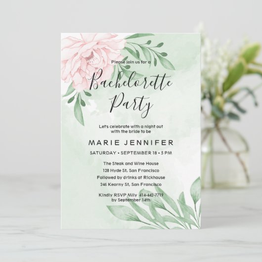 ピンクのローズユーカリの葉のバチェロレッテ 招待状 (スタンド正面)